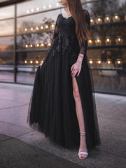 Ball Gown Tulle Long Sleeves Applique Off-the-Shoulder Floor-Length Prom Dresses