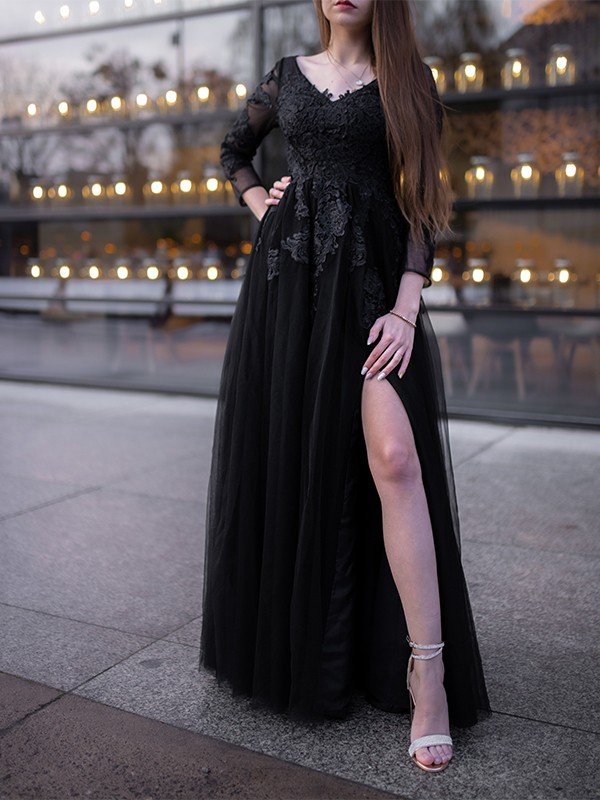 Ball Gown Tulle Long Sleeves Applique Off-the-Shoulder Floor-Length Prom Dresses