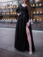 Ball Gown Tulle Long Sleeves Applique Off-the-Shoulder Floor-Length Prom Dresses