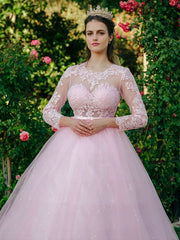 Ball Gown Tulle Scoop Lace Long Sleeves Prom Dresses