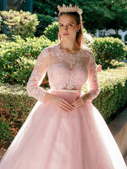 Ball Gown Tulle Scoop Lace Long Sleeves Prom Dresses