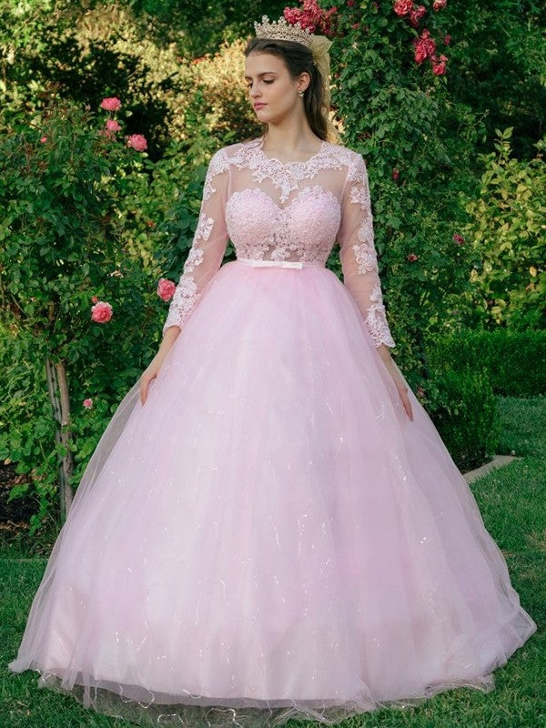 Ball Gown Tulle Scoop Lace Long Sleeves Prom Dresses