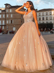 Ball Gown Tulle V-neck Beading Sleeveless Floor-Length Prom Dresses