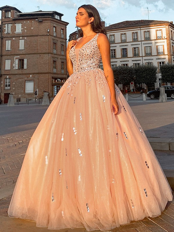 Ball Gown Tulle V-neck Beading Sleeveless Floor-Length Prom Dresses