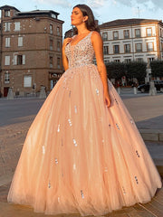 Ball Gown Tulle V-neck Beading Sleeveless Floor-Length Prom Dresses