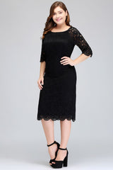 Looking for plussizedress in Lace, Column style, and Gorgeous Lace work  MISSHOW has all covered on this elegant Bateau Tea Length Mermaid Plus size Lace Black Evening Dresses with sleeves.