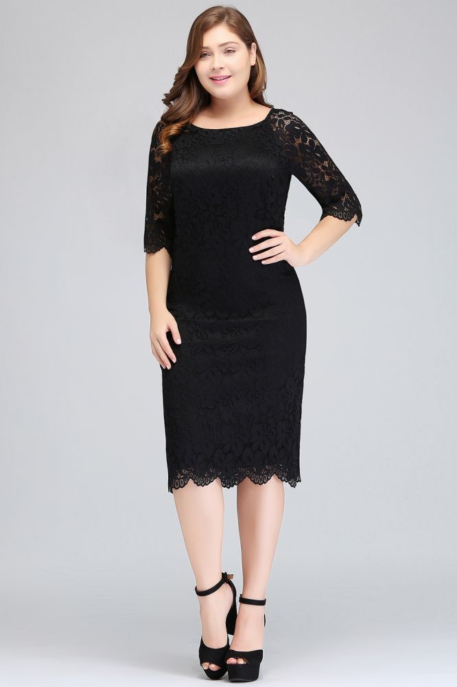 Looking for plussizedress in Lace, Column style, and Gorgeous Lace work  MISSHOW has all covered on this elegant Bateau Tea Length Mermaid Plus size Lace Black Evening Dresses with sleeves.