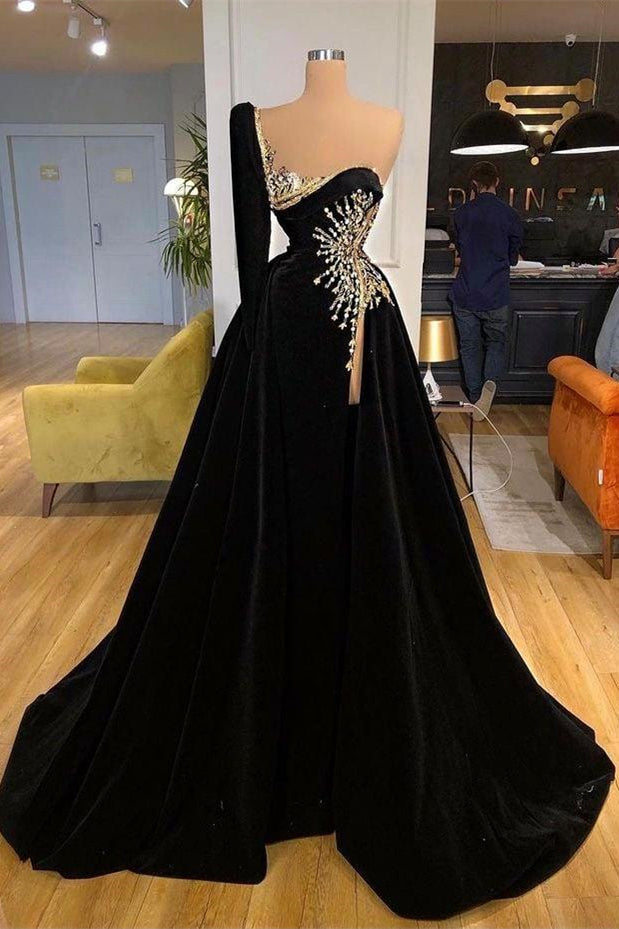 Beading Sweetheart A-line Black Prom Dress With One Sleeve-misshow.com