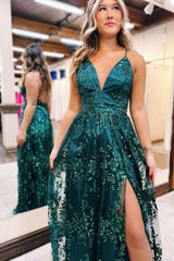 Beautiful A-Line Lace V-Neck Sleeveless Prom Dress With Appliques Split