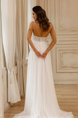 Beautiful A-Line Lace V-Neck Sleeveless White Wedding Dress With Appliques