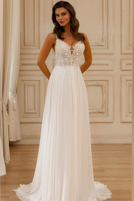 Beautiful A-Line Lace V-Neck Sleeveless White Wedding Dress With Appliques