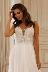 Beautiful A-Line Lace V-Neck Sleeveless White Wedding Dress With Appliques