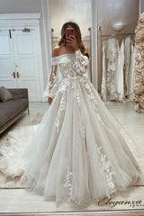 Beautiful A-line Off-the-shoulder Appliques Long Sleeves Wedding Dress With Lace-misshow.com