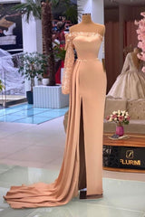 Beautiful A-line Off-the-shoulder Long Sleeve Prom Dresses With Glitter-misshow.com