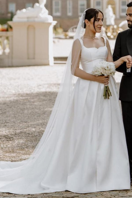 Beautiful A-Line Satin Off-The-Shoulder Sleeveless White Wedding Dresses With Split Front