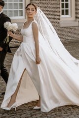 Beautiful A-Line Satin Off-The-Shoulder Sleeveless White Wedding Dresses With Split Front