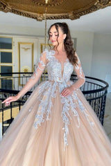 Beautiful A-Line Tulle Lace V-Neck Long Sleeve Long Wedding Dress With Appliques Ruffles