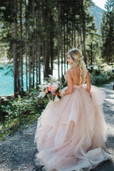 Beautiful A-line V-neck Backless Tulle Sleeveless Wedding Dresses-misshow.com