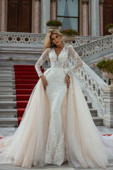 Beautiful A-Line V-neck Lace Long Sleeves Mermaid Wedding Dresses With Detachable Train-misshow.com