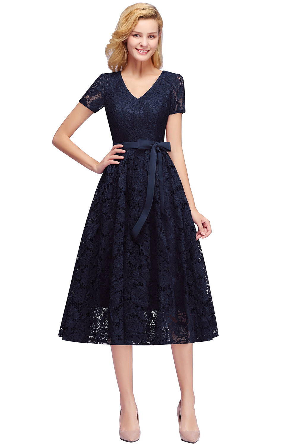 Beautiful A-Line V-Neck Short Sleeve Lace Short Bridesmaid Dresses