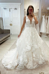 Beautiful A-line White V-neck Appliques Sleeveless Wedding Dress With Train-misshow.com