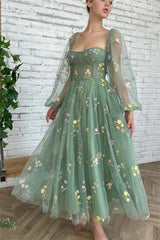 Beautiful Ankle Length A-line Long Sleeves Floral Prom Dress-misshow.com