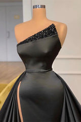 Beautiful Black A-line Satin Sleeveless Sequined Prom Dress With Slit-misshow.com