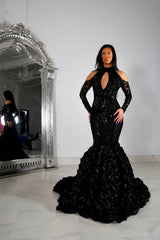 Beautiful Black Lace Long Sleeves Mermaid Prom Dress-misshow.com