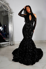 Beautiful Black Lace Long Sleeves Mermaid Prom Dress-misshow.com