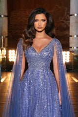 Beautiful Blue Long A-line V-neck Beading Evening Dress With Ruffles-misshow.com