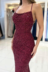 Beautiful Burgundy Long Sequined Mermaid Evening Dresses-misshow.com