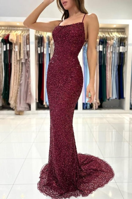 Beautiful Burgundy Long Sequined Mermaid Evening Dresses-misshow.com