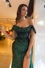 Beautiful Column Satin Off-The-Shoulder Sleeveless Green Prom Dresses With Split Front