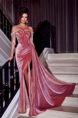 Beautiful Dusty Rose Off-the-shoulder Glitter Mermaid Prom Dress With Slit-misshow.com