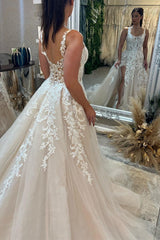 Beautiful Floor Length Sleeveless Straps A-Line Lace Wedding Dress with Split-misshow.com