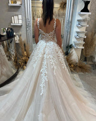 Beautiful Floor Length Sleeveless Straps A-Line Lace Wedding Dress with Split-misshow.com