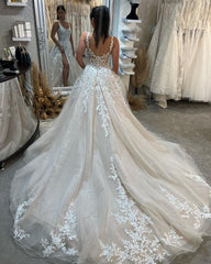 Beautiful Floor Length Sleeveless Straps A-Line Lace Wedding Dress with Split-misshow.com