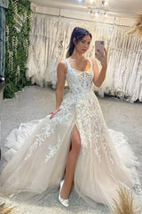 Beautiful Floor Length Sleeveless Straps A-Line Lace Wedding Dress with Split-misshow.com