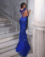 Beautiful Floor Length Sweetheart Sleeveless Spaghetti Straps Mermaid Sequined Prom Dress with Fur-misshow.com