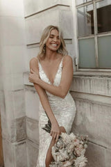 Beautiful Floral Lace Mermaid Sleeveless V-Neck Side Slit Wedding Dress-misshow.com