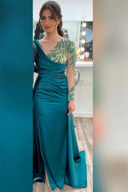 Beautiful Green Long Beading Long Sleeves Prom Dress With Slit-misshow.com