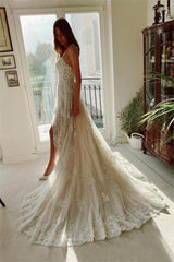 Beautiful Ivory A-Line Lace Wedding Dresses With Slit-misshow.com