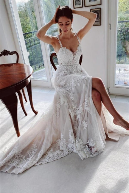 Beautiful Ivory A-Line Lace Wedding Dresses With Slit-misshow.com