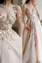 Beautiful Long A-line One Shoulder Flowers Evening Dresses With Slit-misshow.com