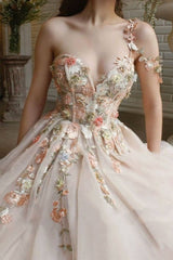 Beautiful Long A-line One Shoulder Flowers Evening Dresses With Slit-misshow.com