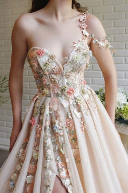 Beautiful Long A-line One Shoulder Flowers Evening Dresses With Slit-misshow.com