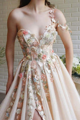 Beautiful Long A-line One Shoulder Flowers Evening Dresses With Slit-misshow.com