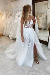 Beautiful Long A-line Sleeveless Split Wedding Dresses With Lace-misshow.com