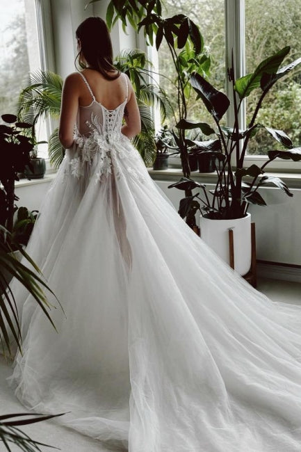 Beautiful Long A-line Spaghetti Straps Tulle Lace Wedding Dress With Slit