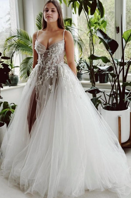 Beautiful Long A-line Spaghetti Straps Tulle Lace Wedding Dress With Slit